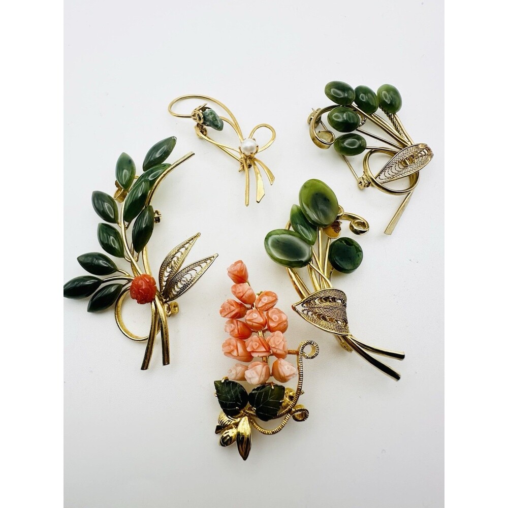 Vintage Nephrite Jade Carved Coral Flowers Pin Brooch Lot For Repair